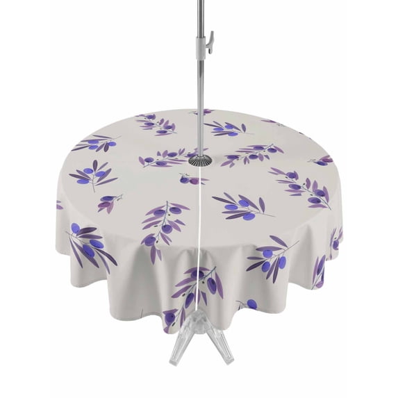 Outdoor Tablecloths with Umbrella Hole & Zipper, Purple Olive Leaves Round Tablecloths 60 Inch, Spring Pastoral Branches Plants Beige Waterproof Table Cloth, Patio/Pool/Picnic Table Covers