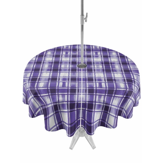 Outdoor Tablecloths with Umbrella Hole & Zipper, Purple Plaid Round Tablecloth 54 Inch, Modern Art Checkered Farmhouse Waterproof Table Cloth, Patio/Pool/Picnic Table Covers