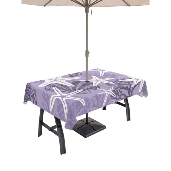 Outdoor Tablecloths with Umbrella Hole & Zipper, Purple Starfish 60 x102 Inch Rectangle Tablecloths, Coral Shell Ocean Vintage Coastal Waterproof Table Cloth, Patio/Pool/Picnic Table Covers