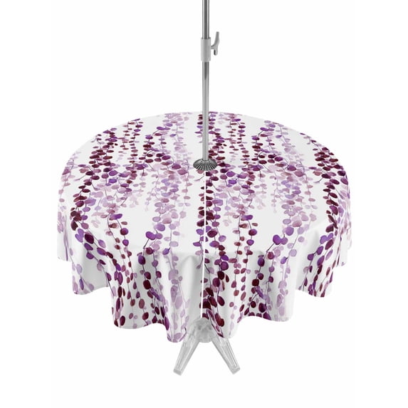 Outdoor Tablecloths with Umbrella Hole & Zipper, Purple Weeping Eucalyptus Round Tablecloths 60 Inch, Spring Summer Farmhouse Leaves Waterproof Table Cloth, Patio/Pool/Picnic Table Covers