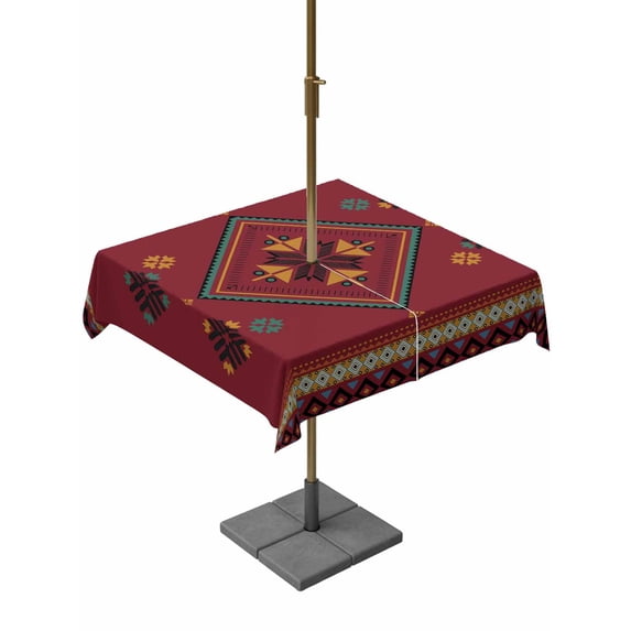 Outdoor Tablecloths with Umbrella Hole & Zipper, Red 60x60 Inch Square Tablecloths, Boho Vintage Ethnic Tribe Abstract Art Retro Waterproof Table Cloth, Patio/Pool/Picnic Table Covers