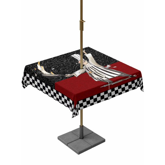 Outdoor Tablecloths with Umbrella Hole & Zipper, Red Black Chef 54x54 Inch Square Tablecloths, Cartoon Cute Watercolor Cooking Checkered Waterproof Table Cloth, Patio/Pool/Picnic Table Covers