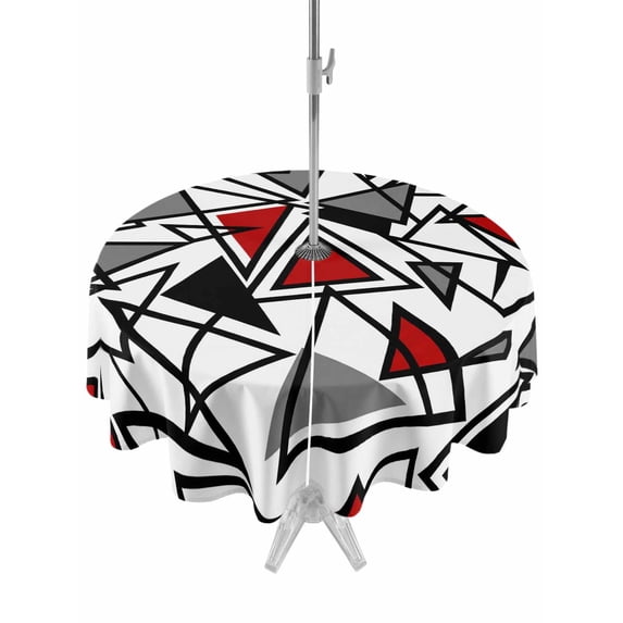 Outdoor Tablecloths with Umbrella Hole & Zipper, Red Black Geometric Round Tablecloths 60 Inch, Abstract Art Modern Line Waterproof Table Cloth, Patio/Pool/Picnic Table Covers