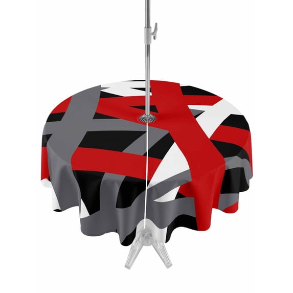 Outdoor Tablecloths with Umbrella Hole & Zipper, Red Black Geometric Round Tablecloths 60 Inch, Modern Art Abstract Grey Line Waterproof Table Cloth, Patio/Pool/Picnic Table Covers
