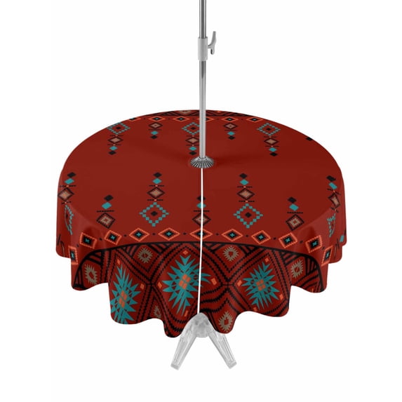Outdoor Tablecloths with Umbrella Hole & Zipper, Red Boho Round Tablecloths 60 Inch, Vintage Ethnic Tribe Abstract Art Retro Waterproof Table Cloth, Patio/Pool/Picnic Table Covers