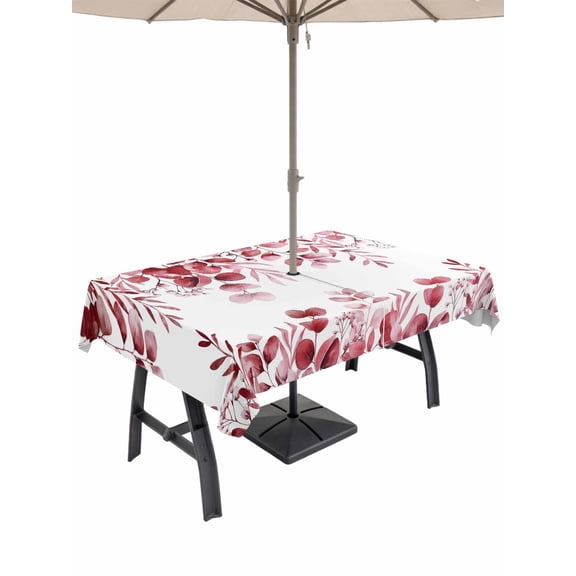 Outdoor Tablecloths with Umbrella Hole & Zipper, Red Eucalyptus Leaves Rectangle Tablecloth 60x120 Inch, Spring Summer Botanical Waterproof Table Cloth, Patio/Pool/Picnic Table Covers