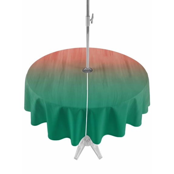 Outdoor Tablecloths with Umbrella Hole & Zipper, Red Green Ombre Round Tablecloths 60 Inch, Modern Art Gradient Orange Waterproof Table Cloth, Patio/Pool/Picnic Table Covers