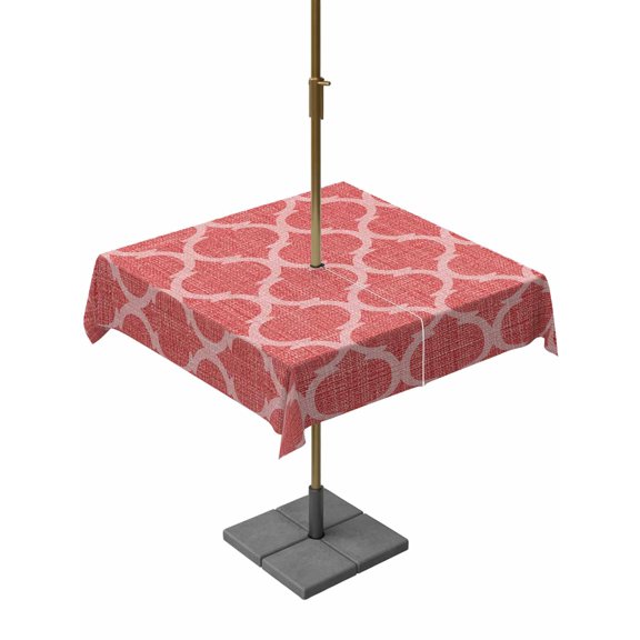 Outdoor Tablecloths with Umbrella Hole & Zipper, Red Moroccan 54x54 Inch Square Tablecloths, Ethnic Abstract Geometric Quatrefoil Grid Waterproof Table Cloth, Patio/Pool/Picnic Table Covers