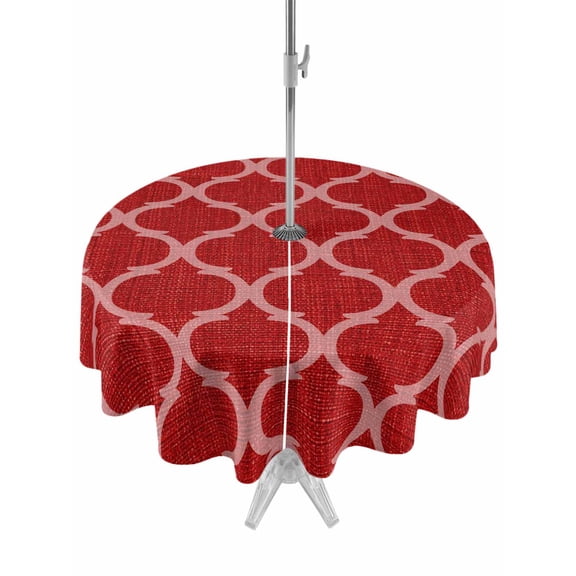 Outdoor Tablecloths with Umbrella Hole & Zipper, Red Moroccan Round Tablecloth 54 Inch, Morocco Ethnic Abstract Quatrefoil Grid Waterproof Table Cloth, Patio/Pool/Picnic Table Covers