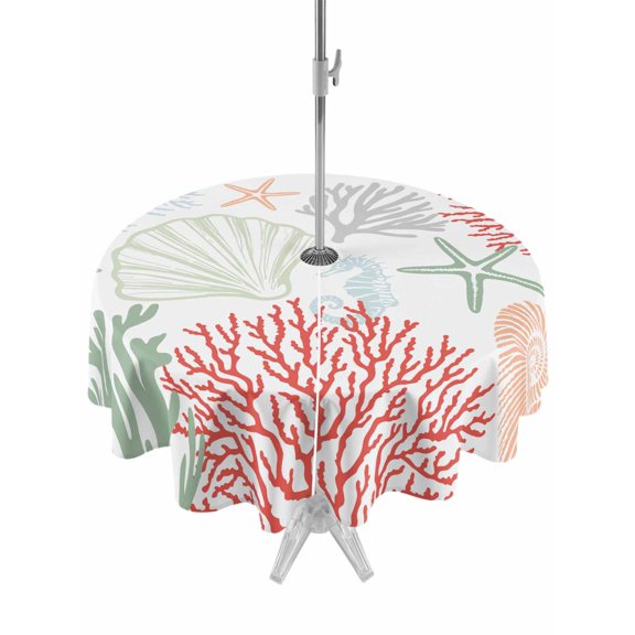 Outdoor Tablecloths with Umbrella Hole & Zipper, Red Sage Green Coastal Round Tablecloths 60 Inch, Summer Beach Coral Shell Starfish Waterproof Table Cloth, Patio/Pool/Picnic Table Covers