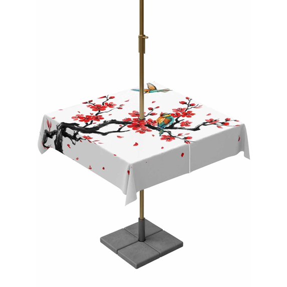 Outdoor Tablecloths with Umbrella Hole & Zipper, Red Spring Floral 54x54 Inch Square Tablecloths, Birds Branches Watercolor Flowers Waterproof Table Cloth, Patio/Pool/Picnic Table Covers