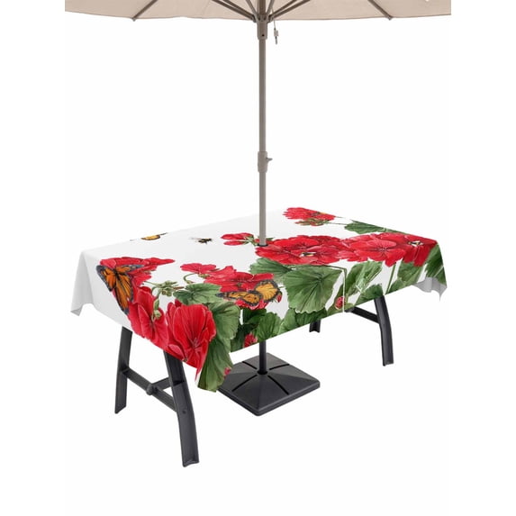 Outdoor Tablecloths with Umbrella Hole & Zipper, Red Spring Floral 60 x102 Inch Rectangle Tablecloths, Butterfly Farmhouse Waterproof Table Cloth, Patio/Pool/Picnic Table Covers