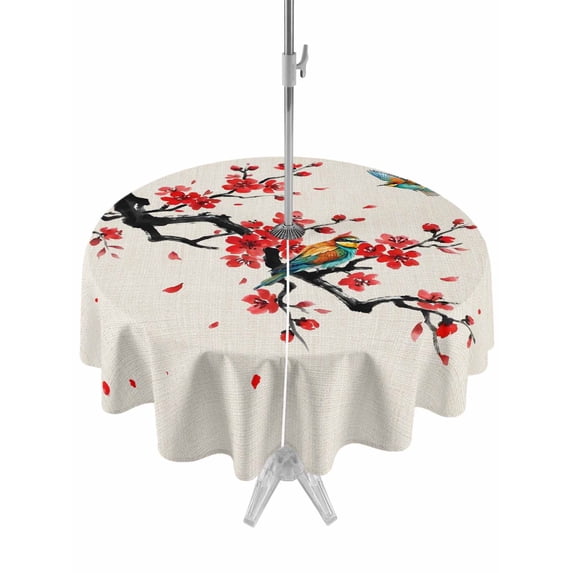 Outdoor Tablecloths with Umbrella Hole & Zipper, Red Spring Floral Round Tablecloths 60 Inch, Birds Branches Watercolor Flowers Rustic Waterproof Table Cloth, Patio/Pool/Picnic Table Covers