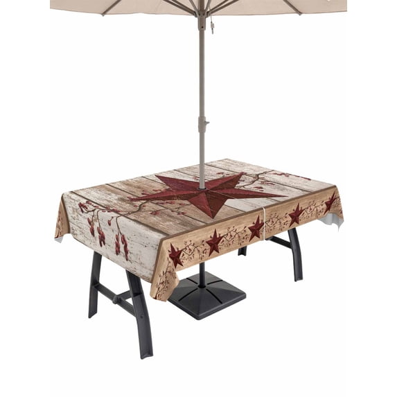 Outdoor Tablecloths with Umbrella Hole & Zipper, Red Texas Star Vintage Tablecloth Rectangle 60x84 Inch, Farmhouse Berry Brown Wooden Waterproof Table Cloth, Patio/Pool/Picnic Table Covers