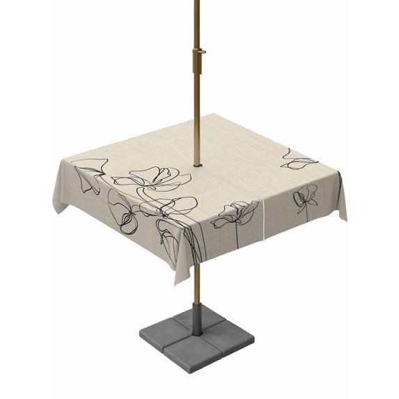 Outdoor Tablecloths with Umbrella Hole & Zipper, Retro Beige Flowers 60x60 Inch Square Tablecloths, Rustic Abstract Floral Simple Art Waterproof Table Cloth, Patio/Pool/Picnic Table Covers