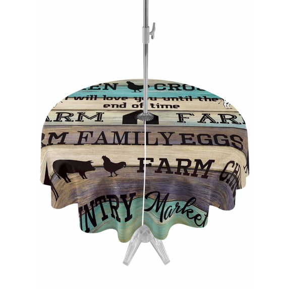 Outdoor Tablecloths with Umbrella Hole & Zipper, Retro Farm Animals Round Tablecloth 54 Inch, Country Cow Pig Chicken Turquoise Wood Waterproof Table Cloth, Patio/Pool/Picnic Table Covers