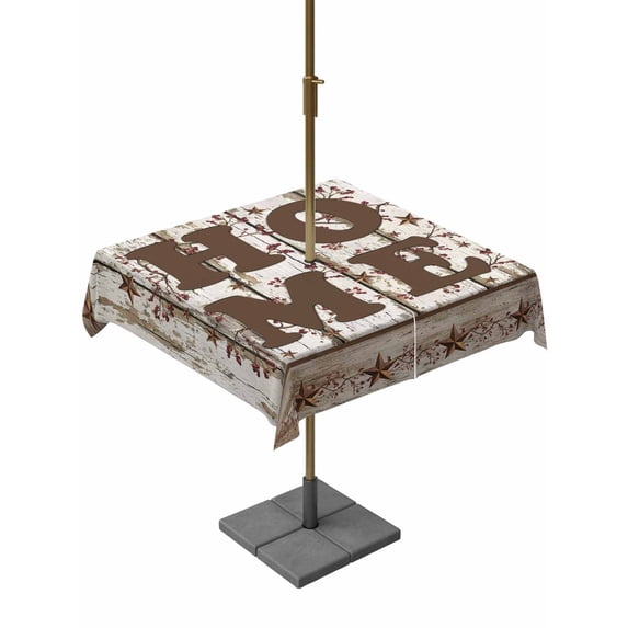 Outdoor Tablecloths with Umbrella Hole & Zipper, Retro Farmhouse 54x54 Inch Square Tablecloths, Country Star Berries Text Wooden Grain Waterproof Table Cloth, Patio/Pool/Picnic Table Covers
