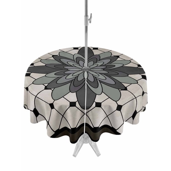 Outdoor Tablecloths with Umbrella Hole & Zipper, Retro Flowers Round Tablecloth 54 Inch, Boho Ethnic Retro Abstract Florals Grid Waterproof Table Cloth, Patio/Pool/Picnic Table Covers