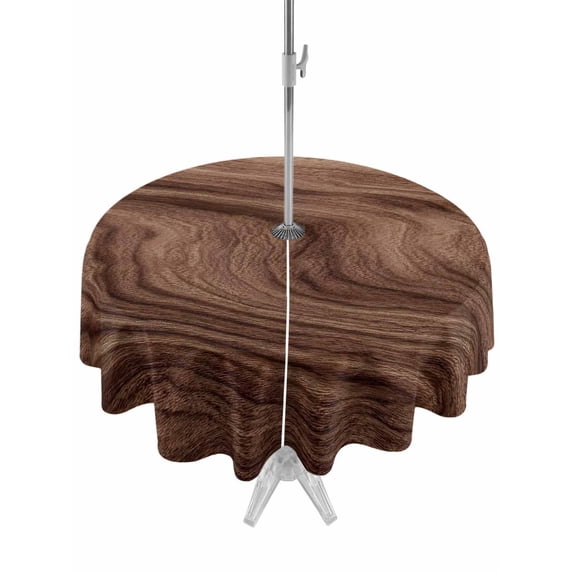 Outdoor Tablecloths with Umbrella Hole & Zipper, Retro Wood Grain Round Tablecloth 54 Inch, Rustic Farmhouse Wooden Board Brown Waterproof Table Cloth, Patio/Pool/Picnic Table Covers
