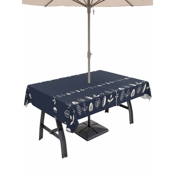 Outdoor Tablecloths with Umbrella Hole & Zipper, Rustic Botanical 54x80 Inch Tablecloth Rectangle, Japanese Herb on Black Simple Art Waterproof Table Cloth, Patio/Pool/Picnic Table Covers