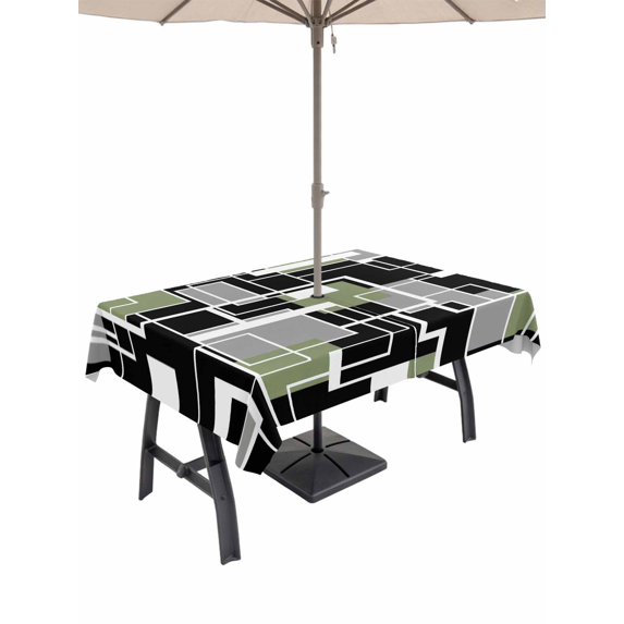 Outdoor Tablecloths with Umbrella Hole & Zipper, Sage Green Black Geometric 54x80 Inch Tablecloth Rectangle, Modern Abstract Art Block Waterproof Table Cloth, Patio/Pool/Picnic Table Covers