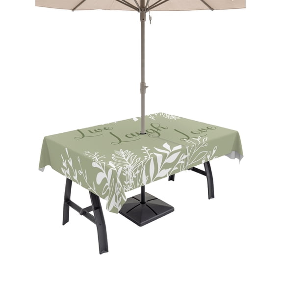 Outdoor Tablecloths with Umbrella Hole & Zipper, Sage Green Botanical Tablecloth Rectangle 60x84 Inch, Farmhouse Laugh Love Leaves Waterproof Table Cloth, Patio/Pool/Picnic Table Covers