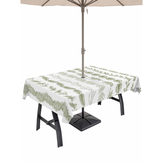 Outdoor Tablecloths with Umbrella Hole & Zipper, Sage Green Botanical Tablecloth Rectangle 60x84 Inch, Modern Farmhouse Tropical Leaves Waterproof Table Cloth, Patio/Pool/Picnic Table Covers