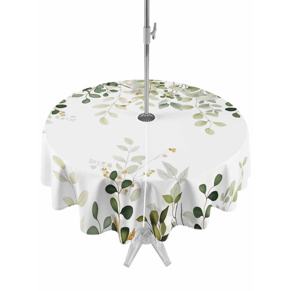 Outdoor Tablecloths with Umbrella Hole & Zipper, Sage Green Eucalyptus Leaves Round Tablecloths 60 Inch, Spring Botanical Floral Waterproof Table Cloth, Patio/Pool/Picnic Table Covers