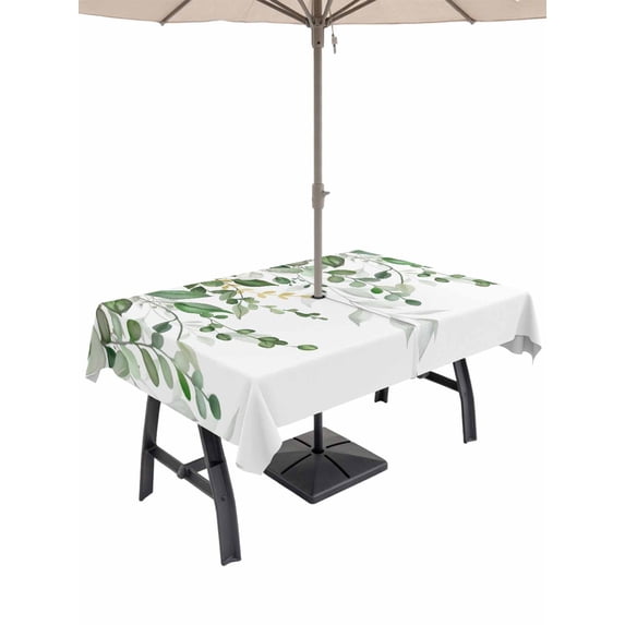 Outdoor Tablecloths with Umbrella Hole & Zipper, Sage Green Eucalyptus Rectangle Tablecloth 52x70 Inch, Watercolor Spring Weeping Botanical Waterproof Table Cloth, Patio/Pool/Picnic Table Covers