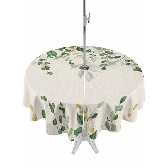Outdoor Tablecloths with Umbrella Hole & Zipper, Sage Green Eucalyptus Round Tablecloths 60 Inch, Farmhouse Weeping Leaves Linen Waterproof Table Cloth, Patio/Pool/Picnic Table Covers