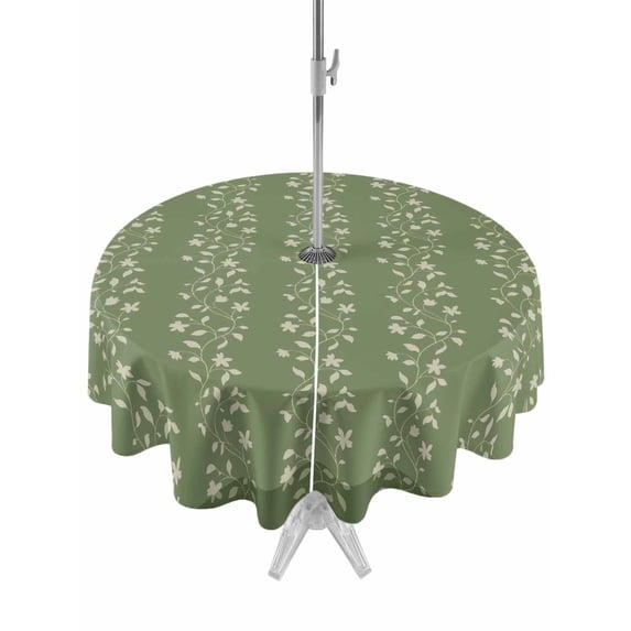 Outdoor Tablecloths with Umbrella Hole & Zipper, Sage Green Floral Round Tablecloth 54 Inch, Spring Flowers Waterproof Table Cloth, Patio/Pool/Picnic Table Covers