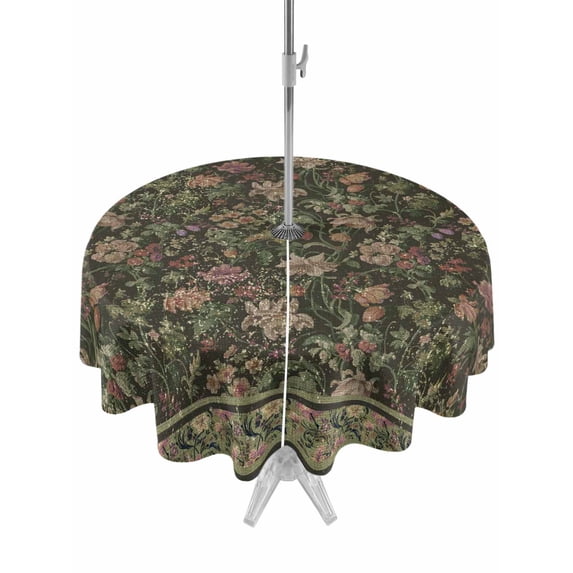 Outdoor Tablecloths with Umbrella Hole & Zipper, Sage Green Floral Round Tablecloths 60 Inch, Ethnic Tribe Abstract Art Flowers Waterproof Table Cloth, Patio/Pool/Picnic Table Covers