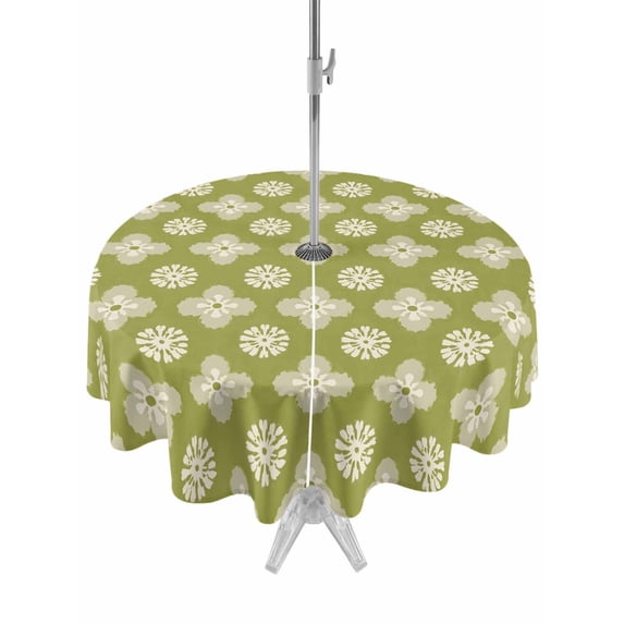Outdoor Tablecloths with Umbrella Hole & Zipper, Sage Green Floral Round Tablecloths 60 Inch, Spring Flowers Modern Abstract Art Farmhouse Waterproof Table Cloth, Patio/Pool/Picnic Table Covers