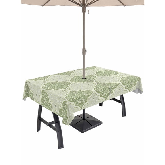 Outdoor Tablecloths with Umbrella Hole & Zipper, Sage Green Morocco Rectangle Tablecloth 52x70 Inch, Vintage Abstract Geometric Pattern Waterproof Table Cloth, Patio/Pool/Picnic Table Covers