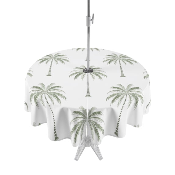 Outdoor Tablecloths with Umbrella Hole & Zipper, Sage Green Palm Trees Round Tablecloths 60 Inch, Tropical Summer Beach Botanical Waterproof Table Cloth, Patio/Pool/Picnic Table Covers