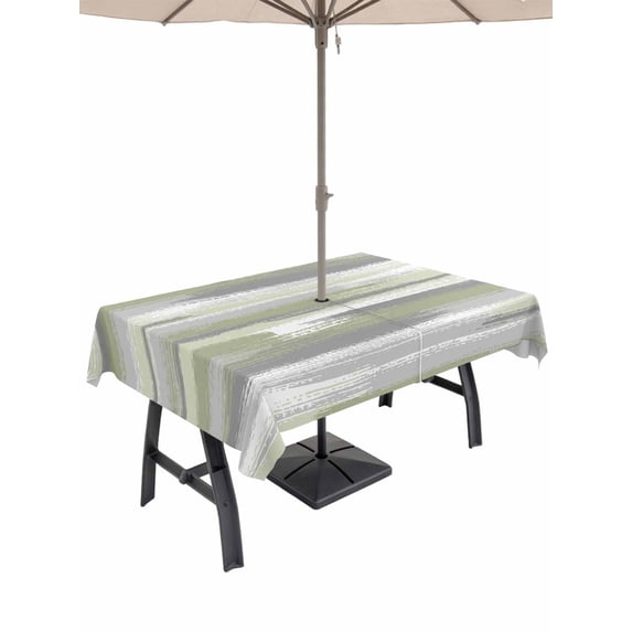 Outdoor Tablecloths with Umbrella Hole & Zipper, Sage Green Rectangle Tablecloth 52x70 Inch, Modern Abstract Grey Striped Art Waterproof Table Cloth, Patio/Pool/Picnic Table Covers