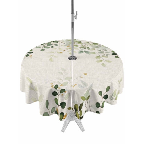 Outdoor Tablecloths with Umbrella Hole & Zipper, Sage Green Round Tablecloth 54 Inch, Eucalyptus Leaves Waterproof Table Cloth, Patio/Pool/Picnic Table Covers