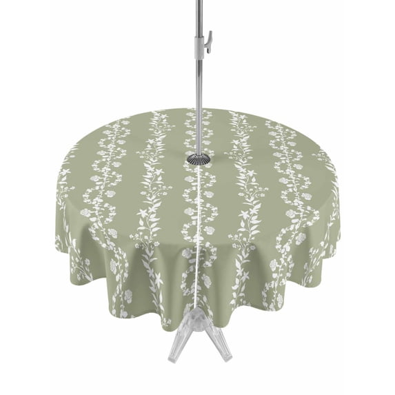Outdoor Tablecloths with Umbrella Hole & Zipper, Sage Green Spring Leaves Round Tablecloths 60 Inch, Pastoral Botanical Striped Flowers Waterproof Table Cloth, Patio/Pool/Picnic Table Covers