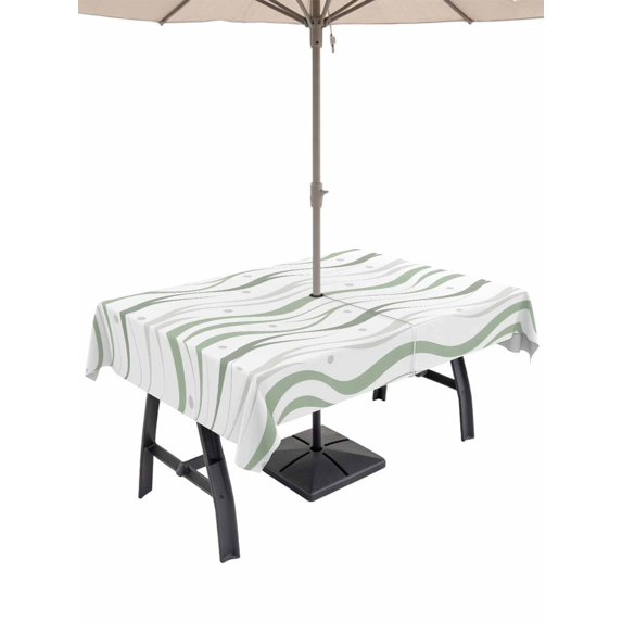 Outdoor Tablecloths with Umbrella Hole & Zipper, Sage Green Stripes Rectangle Tablecloth 52x70 Inch, Modern Simple Gradient Waves Lines Waterproof Table Cloth, Patio/Pool/Picnic Table Covers