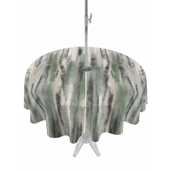 Outdoor Tablecloths with Umbrella Hole & Zipper, Sage Green Vintage Round Tablecloth 54 Inch, Stripes Painting Retro Abstract Art Waterproof Table Cloth, Patio/Pool/Picnic Table Covers