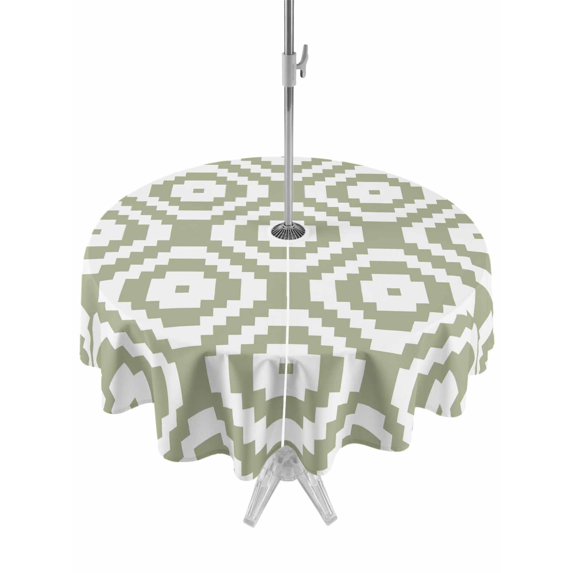 Outdoor Tablecloths with Umbrella Hole & Zipper, Sage Green White Geometric Round Tablecloth 54 Inch, Modern Abstract Art Waterproof Table Cloth, Patio/Pool/Picnic Table Covers