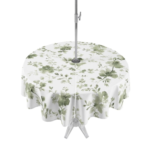 Outdoor Tablecloths with Umbrella Hole & Zipper, Sage Green Wildflower Round Tablecloth 54 Inch, Classic Florals Farmhouse Botanical Waterproof Table Cloth, Patio/Pool/Picnic Table Covers