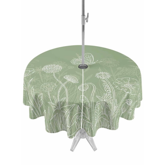 Outdoor Tablecloths with Umbrella Hole & Zipper, Sage Green Wildflowers Round Tablecloths 60 Inch, Modern Floral Butterfly Plant Waterproof Table Cloth, Patio/Pool/Picnic Table Covers