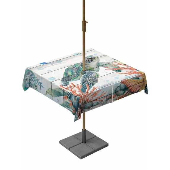 Outdoor Tablecloths with Umbrella Hole & Zipper, Sea Turtle Coastal 54x54 Inch Square Tablecloths, Summer Nautical Starfish Coral Grey Wooden Waterproof Table Cloth, Patio/Pool/Picnic Table Covers