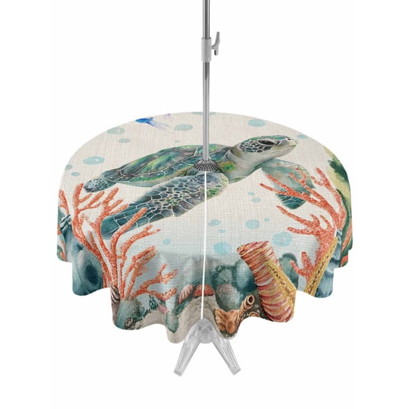 Outdoor Tablecloths with Umbrella Hole & Zipper, Sea Turtle Coastal Round Tablecloths 60 Inch, Summer Nautical Starfish Coral Beige Waterproof Table Cloth, Patio/Pool/Picnic Table Covers