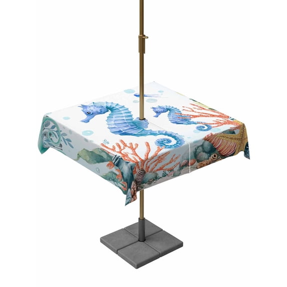 Outdoor Tablecloths with Umbrella Hole & Zipper, Seahorse Coastal 54x54 Inch Square Tablecloths, Summer Nautical Starfish Coral Ocean Waterproof Table Cloth, Patio/Pool/Picnic Table Covers
