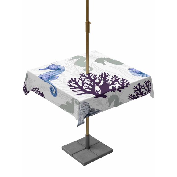 Outdoor Tablecloths with Umbrella Hole & Zipper, Seahorse Coral Coastal 54x54 Inch Square Tablecloths, Nautical Summer Beach Ocean Sea Waterproof Table Cloth, Patio/Pool/Picnic Table Covers