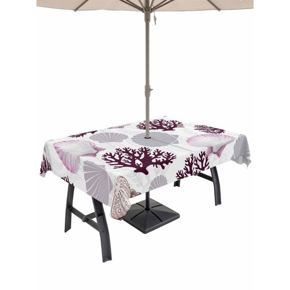 Outdoor Tablecloths with Umbrella Hole & Zipper, Shell Coral Coastal Tablecloth Rectangle 60x84 Inch, Nautical Summer Beach Ocean Sea Waterproof Table Cloth, Patio/Pool/Picnic Table Covers