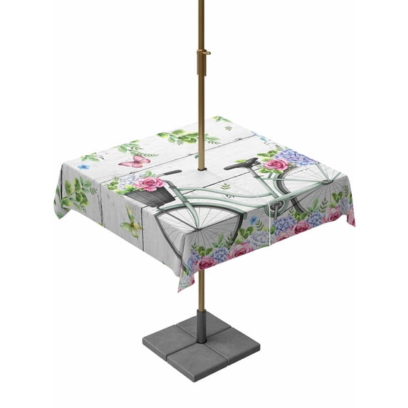 Outdoor Tablecloths with Umbrella Hole & Zipper, Spring 60x60 Inch Square Tablecloths, Bicycles Botanical Rose Leaves Butterfly Wood Grain Waterproof Table Cloth, Patio/Pool/Picnic Table Covers