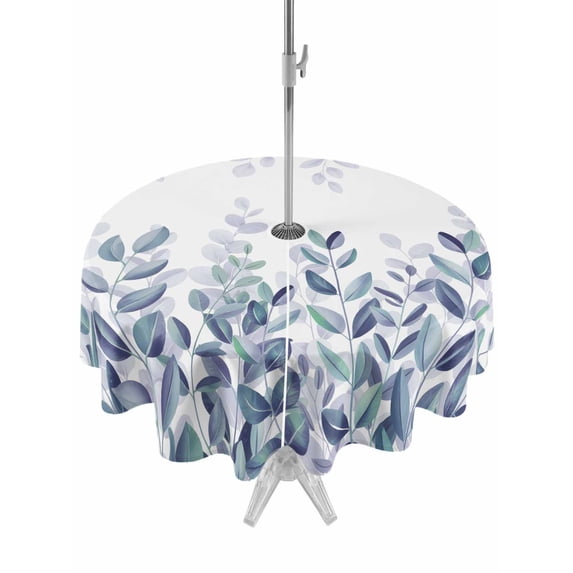 Outdoor Tablecloths with Umbrella Hole & Zipper, Spring Blue Eucalyptus Round Tablecloth 54 Inch, Botanical Green Leaf Country Waterproof Table Cloth, Patio/Pool/Picnic Table Covers
